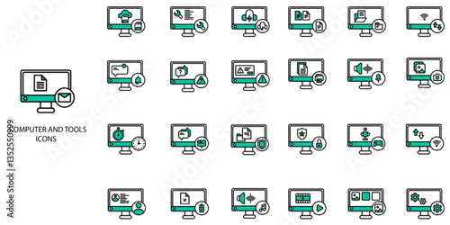 Computer and Tools simple concept 24 color icons set. Contains such omputer, computer monitor, portable information device .Vector illustration.