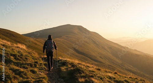 Hiker walking on a trail in the mountains during sunset, enjoying nature's beauty
