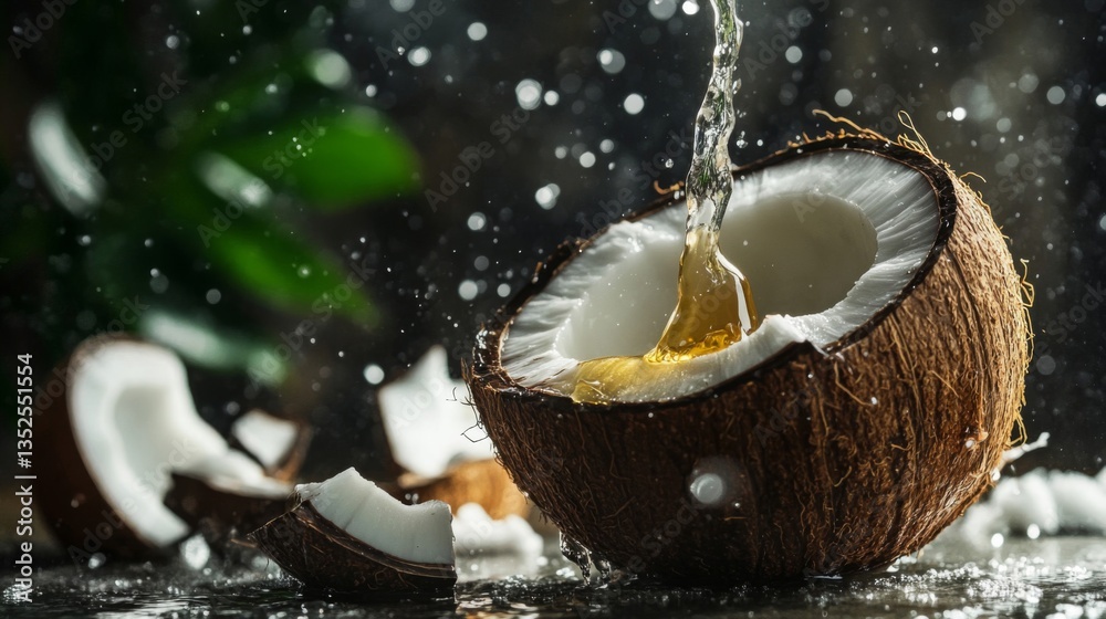 Pouring Coconut Water into Ripe Coconut on Dark Background