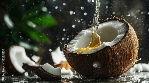 Obraz na płótnie Pouring Coconut Water into Ripe Coconut on Dark Background w salonie