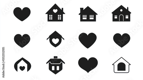 House Icons, Heart Symbols, White Background