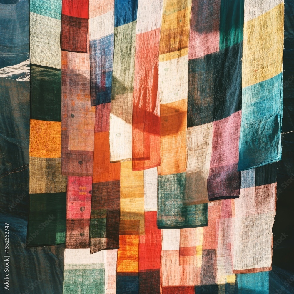 Fototapeta premium Colorful fabric strips hang in bright sunshine