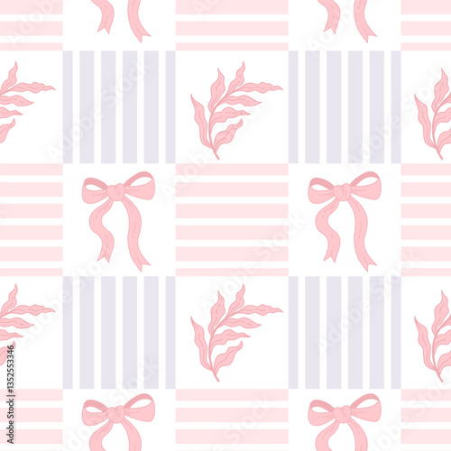 Vintage Coquette aesthetic pink ribbon bow and botanical branch in frame seamless pattern on cell background. Trendy flirty patterned backdrop. Vector illustration for design, textiles, wallpaper
