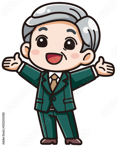 スーツを着た高齢の男性が目を開けて両手を大きく広げているベクターイラスト／影ハイライト付き（Vector Illustration of an Elderly Man in a Suit with Eyes Open and Arms Spread Wide / with Shadows and Highlights）