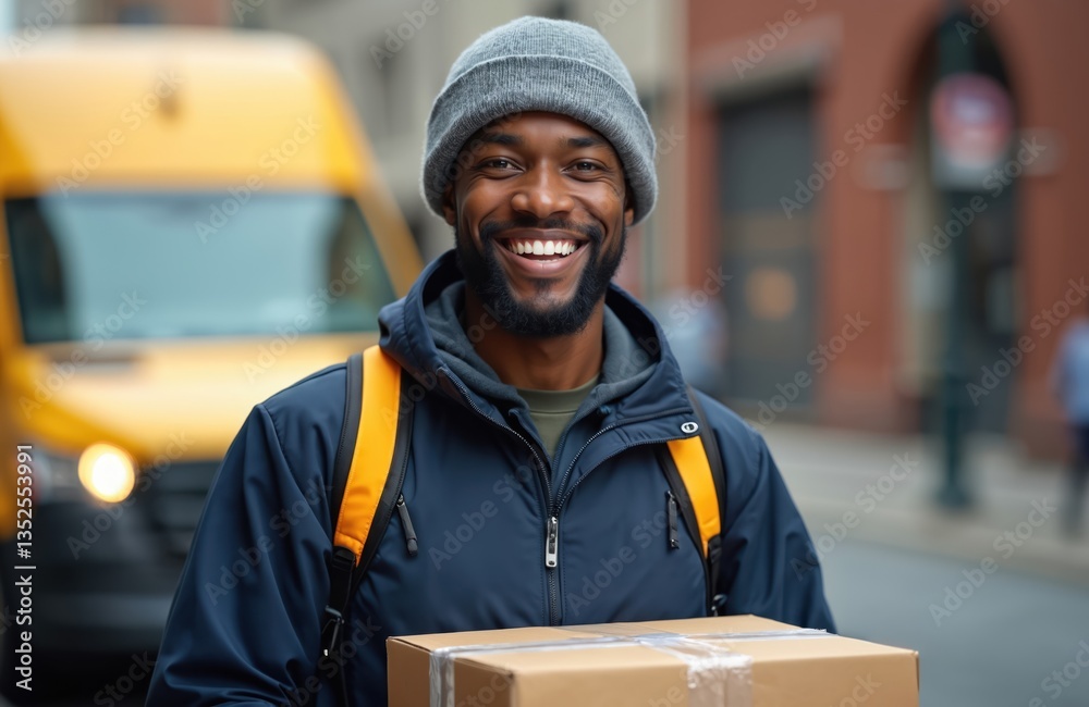 Smiling African American delivery man holds package. Friendly courier in hat, jacket delivers parcel. Shipping service, postal worker, moving boxes. Happy face shows customer service, logistic jobs. Smiling African American delivery man holds package. Friendly courier in hat, jacket delivers parcel. Shipping service, postal worker, moving boxes. Happy face shows customer service, logistic jobs.
