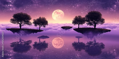 Surreal floating islands with trees reflecting in a shimmering body of water