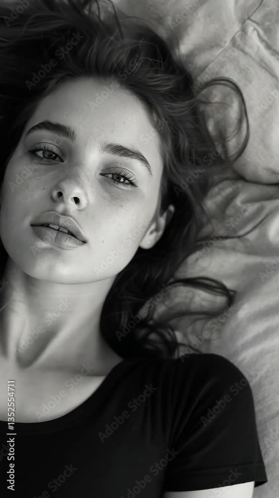 Captivating portrait of a young woman lying on a bed with soft lighting and natural expression Captivating portrait of a young woman lying on a bed with soft lighting and natural expression