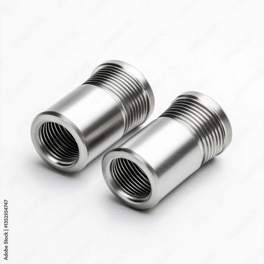 Close-up View of Two Metallic Pipe Couplings with Threaded Ends for Plumbing and Industrial Applications Close-up View of Two Metallic Pipe Couplings with Threaded Ends for Plumbing and Industrial Applications