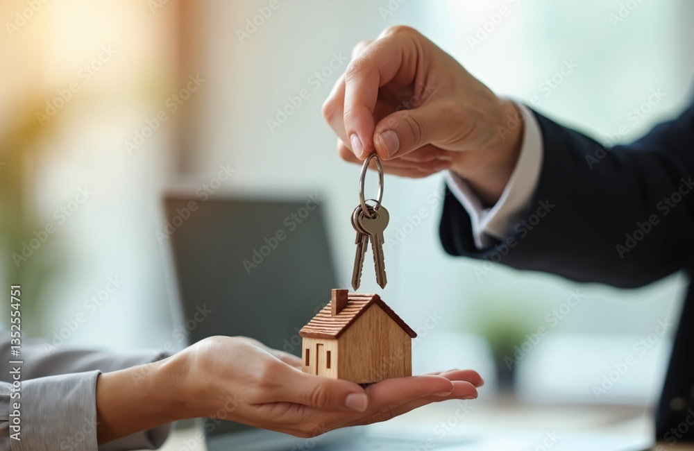 Real estate agent gives house keys to new homeowner. Property deal, mortgage loan, buying selling house, relocation, property investment. Hand key transfer transaction. Homeownership, business. Real estate agent gives house keys to new homeowner. Property deal, mortgage loan, buying selling house, relocation, property investment. Hand key transfer transaction. Homeownership, business.