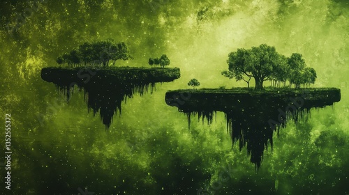 Floating islands in an ethereal green sky with trees