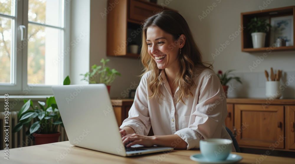 Smiling Woman Working from Home on Laptop in Bright Cozy Kitchen with Natural Light Smiling Woman Working from Home on Laptop in Bright Cozy Kitchen with Natural Light