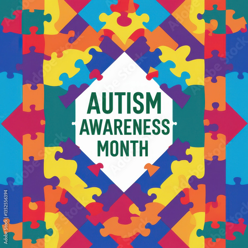 Bright and vibrant illustration of Autism Awareness Month displayed with colourful puzzle piece patterns symbolizing unity and understanding