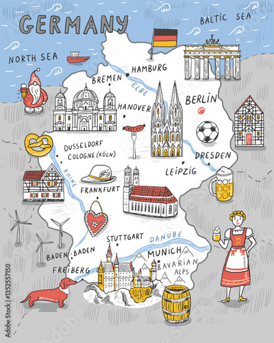 Hand drawn Germany doodle map with landmarks and symbols