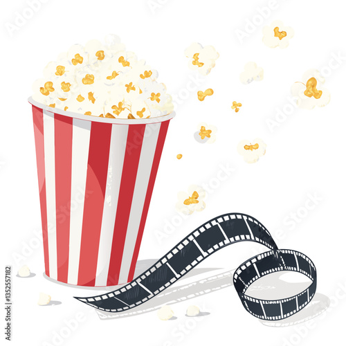 Colorful vector illustration of popcorn in striped box with soda cup and film strip, representing movie night snacks, cinema entertainment, and film culture