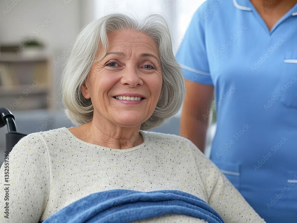 Fototapeta premium Happy Senior Woman in Care with Nurse Support – Elderly Smiling Lady at Nursing Home Receiving Compassionate Assistance