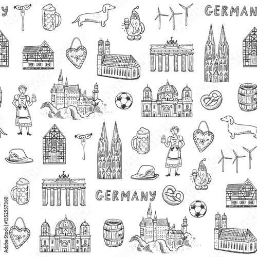 Seamless pattern with famous european Germany Berlin landmarks. Vector line illustration