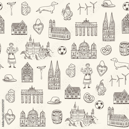 Seamless pattern with famous european Germany Berlin landmarks. Vector line illustration