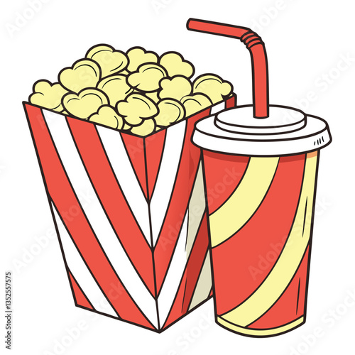 Colorful vector illustration of popcorn in striped box with soda cup and film strip, representing movie night snacks, cinema entertainment, and film culture