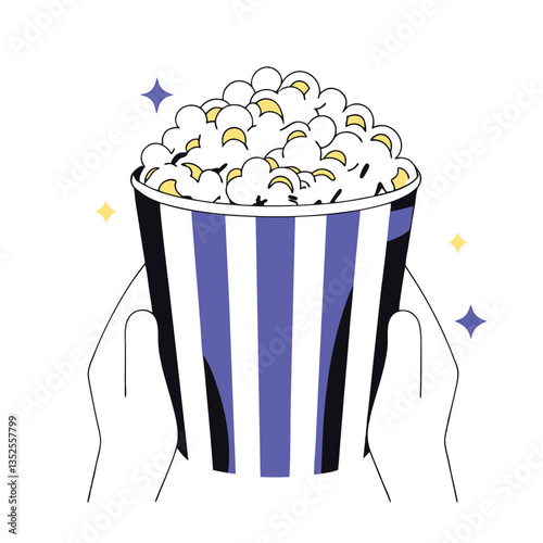 Colorful vector illustration of popcorn in striped box with soda cup and film strip, representing movie night snacks, cinema entertainment, and film culture