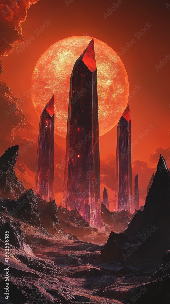 Fototapeten   - Alien landscape with crystal structures and red sun. #1352558185