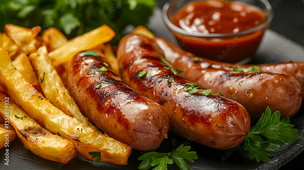 Grilled sausages served with crispy fries and dipping sauce on a dark plate Grilled sausages served with crispy fries and dipping sauce on a dark plate