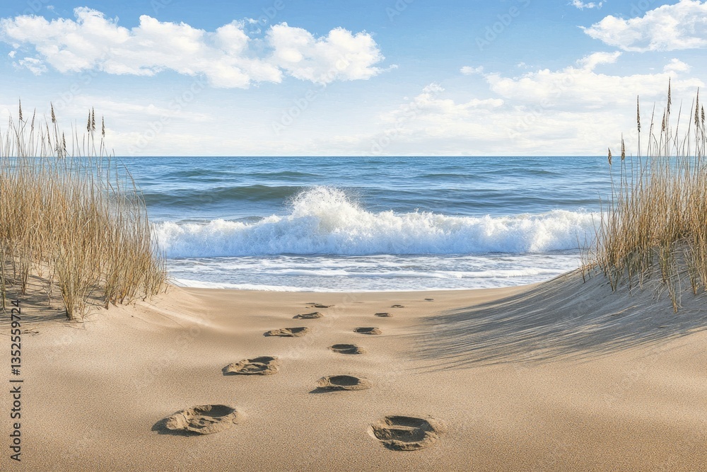 Footprints lead to a tranquil beach scene with gentle waves under a bright sky Footprints lead to a tranquil beach scene with gentle waves under a bright sky