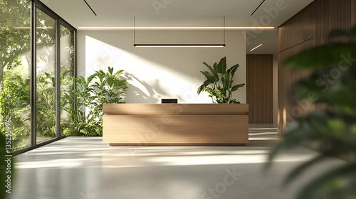 Modern reception area with greenery and natural light in a contemporary building