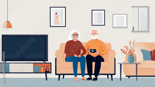 Elderly couple sits together on a sofa holding a camera in a cozy living room