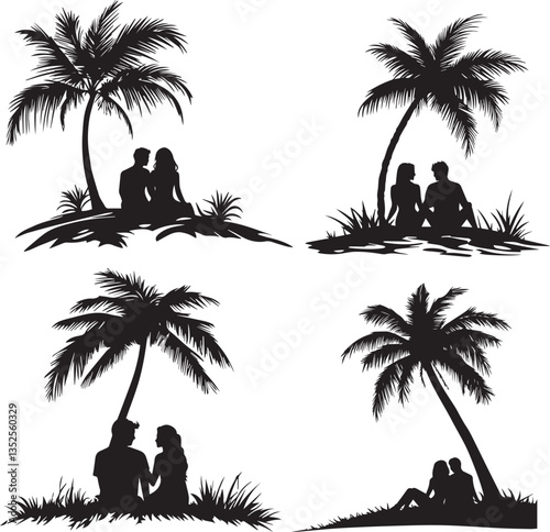 Couple Sitting Under Palm Tree silhouette vector