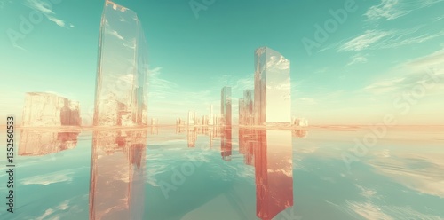 Architectural structures are reflected in calm water on a sunny day