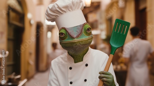 3D Modern chameleon chef in uniform, neutral colors 