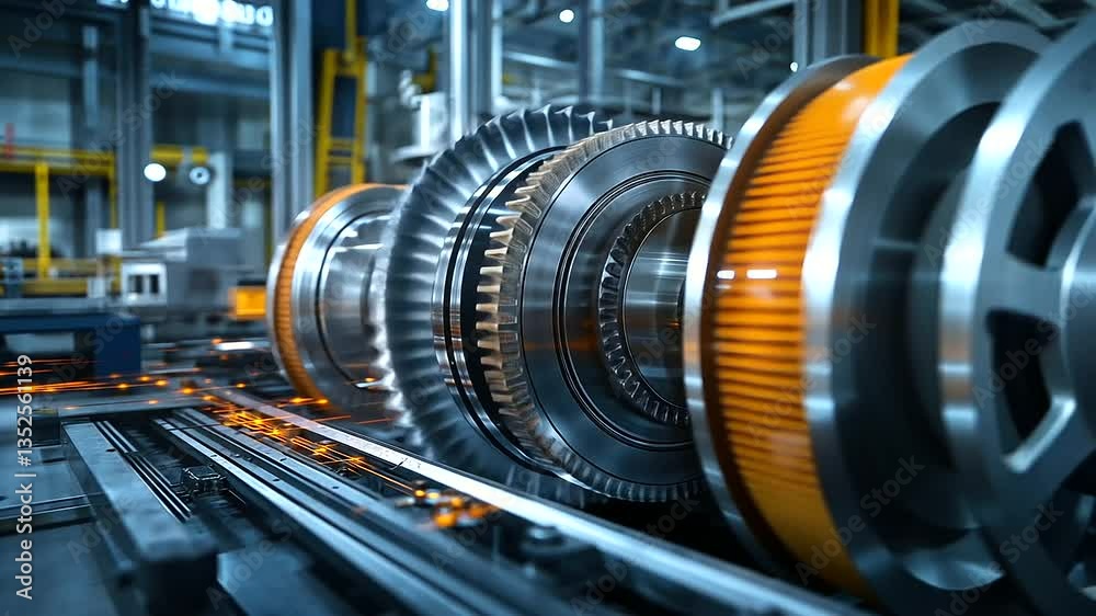 A massive industrial gear assembly in motion, its interlocking teeth moving seamlessly, representing precision engineering.