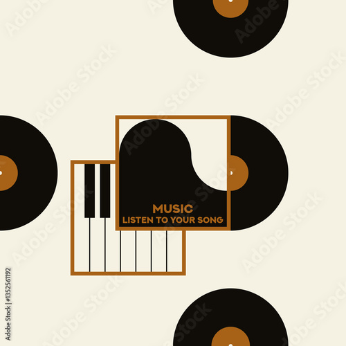 Musical poster for your design. Music design elements for card, invitation, flyer. Music cover. Music background vector illustration. Vinyl record. Piano. Grand Piano. Music piano keyboard.
