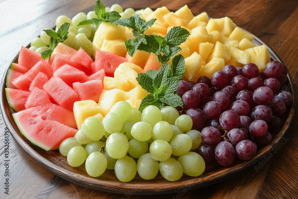 fruit platter with a variety of fruits including grapes, watermelon, and pineapple. The platter is on a wooden table
