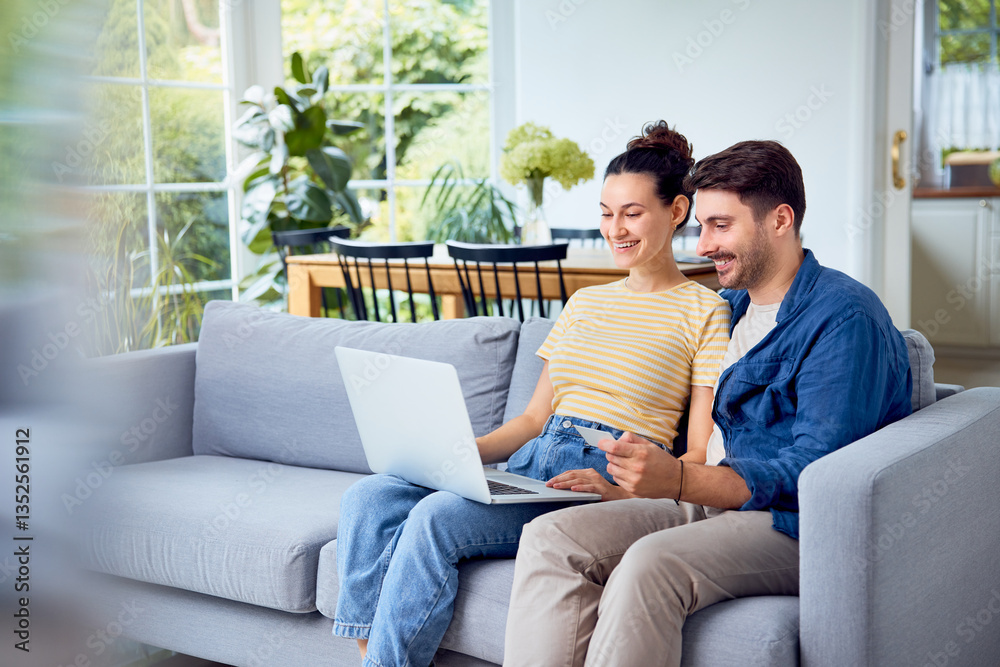 Young couple on sofa paying for online shopping Young couple on sofa paying for online shopping