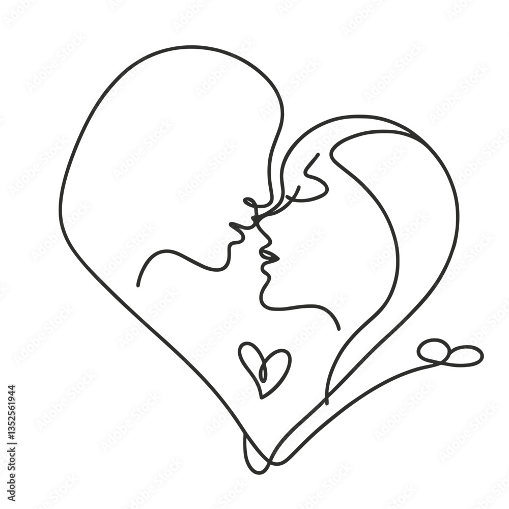Minimalist line art of two lovers kissing within a heart shape on a white background Minimalist line art of two lovers kissing within a heart shape on a white background