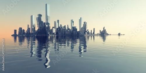 A futuristic city skyline reflecting on calm and reflective water