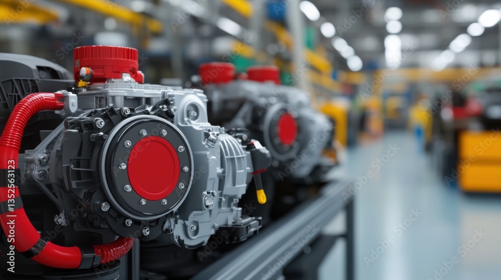 Fototapeta premium Industrial Workshop with High-Performance Engines on Display, Demonstrating Advanced Mechanical Technology