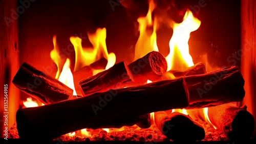 Fireplace, burning wood logs, orange and red, warmth and comfort concept