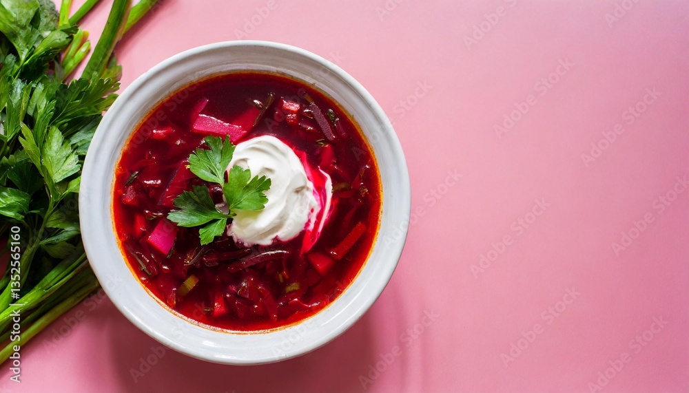 Top view with a bowl of ukrainian borscht with sour cream, isolated on a pink background. Homemade beetroot soup and other vegetables, minimalist on a vibrant colored table. Top view with a bowl of ukrainian borscht with sour cream, isolated on a pink background. Homemade beetroot soup and other vegetables, minimalist on a vibrant colored table.