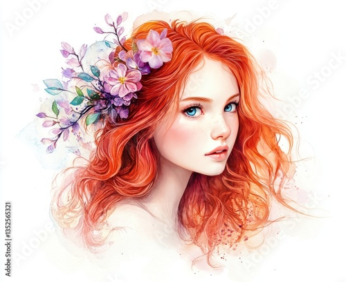 A beautiful woman with red hair and floral headwear