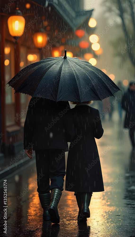 Couple walking together under a black umbrella in the rain with city lights, romantic scene