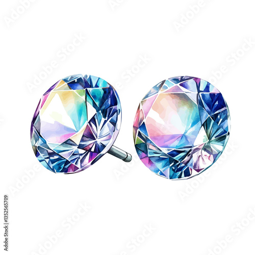 A watercolor vector painting of artistic diamond stud earrings in a modern style, isolated on a white background. Artistic diamond stud earrings vector.

