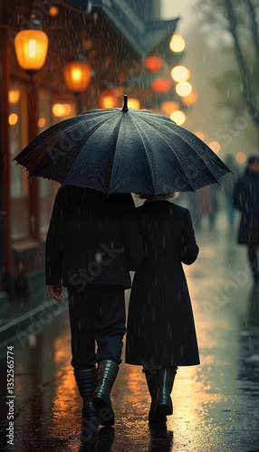 Obraz na płótnie Couple walking together under a black umbrella in the rain with city lights, romantic scene w salonie