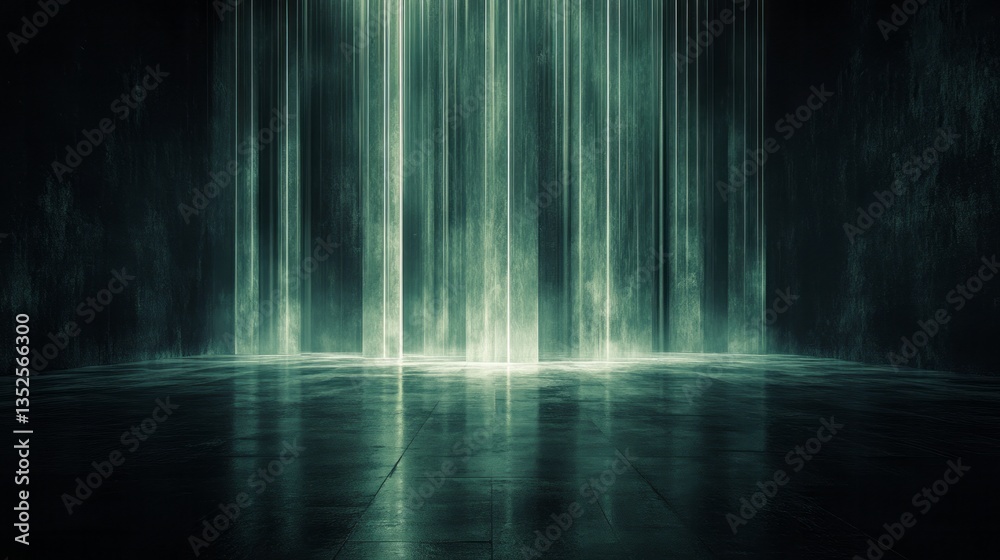 Fototapeta premium Light beams descend into a dark room illuminating the floor