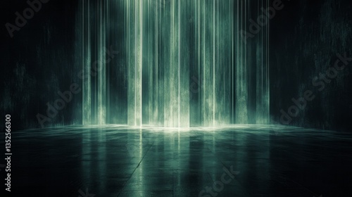 Light beams descend into a dark room illuminating the floor