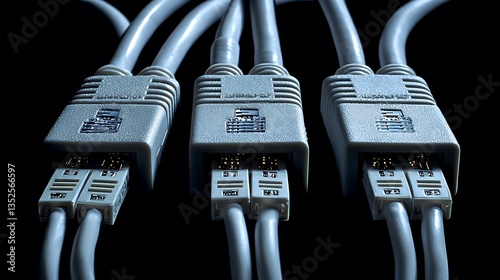 Close-up of three gray computer cables with connectors against a black background. photo