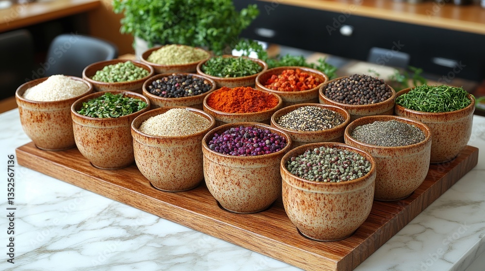 Fototapeta premium Aromatic Spice Collection: Diverse Culinary Herbs and Spices in Rustic Bowls