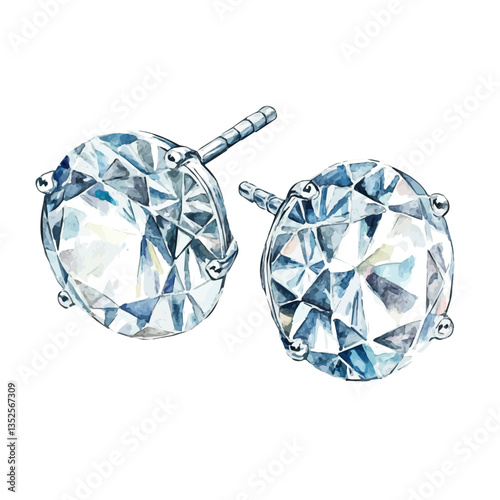 A watercolor vector painting of artistic diamond stud earrings in a modern style, isolated on a white background. Artistic diamond stud earrings vector.

