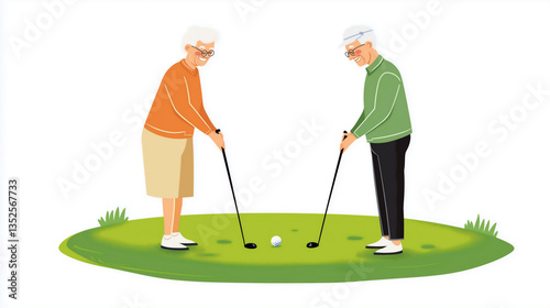Elderly couple enjoys a friendly game of golf on a sunny day in the park